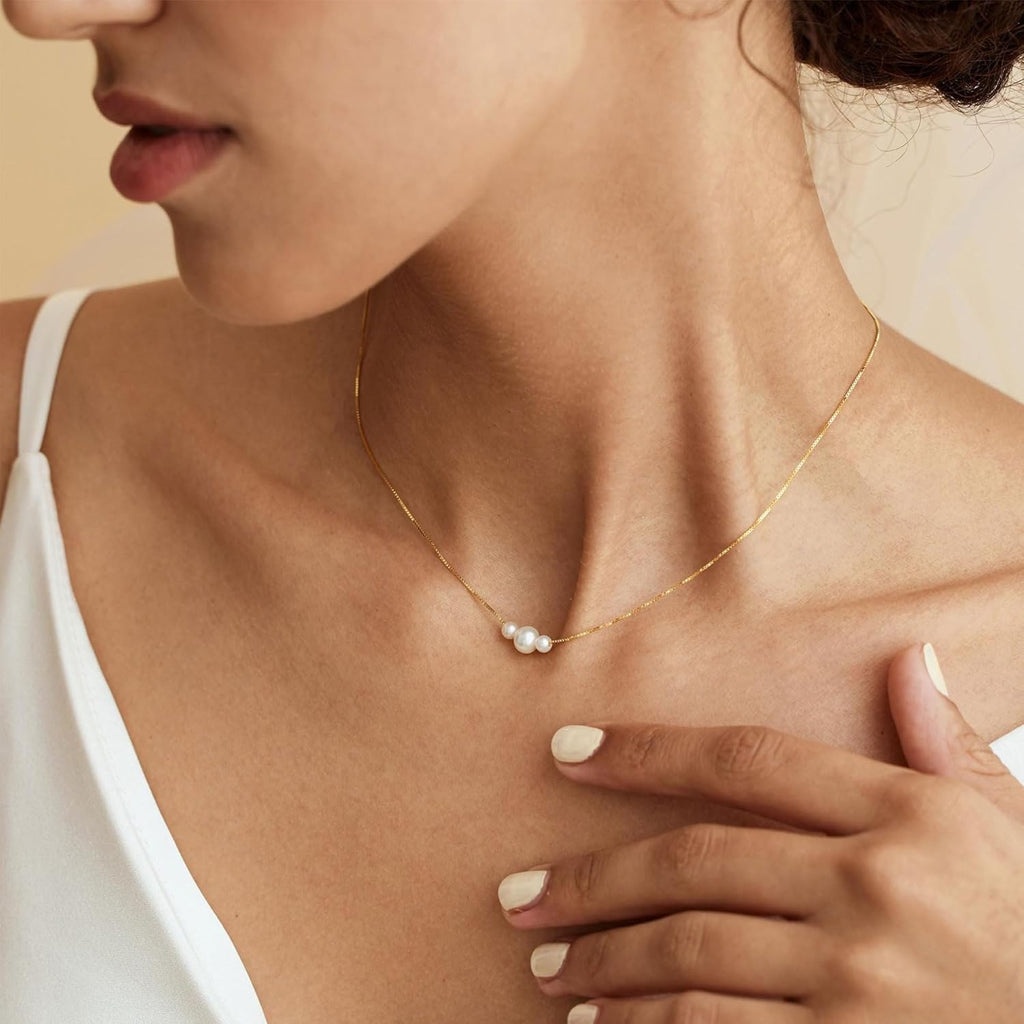Mothers Day Gifts - 14K Gold Plated Pearl Necklaces for Women Trendy Dainty Necklace Simple Layered Gold Pearl Necklace for Women Mothers Day Wedding Birthday Gifts