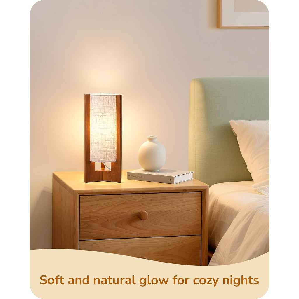 Edishine 13.5" Small Table Lamp, Walnut Wood Cylinder Nightstand Lamp For Bedroom, Beige Linen Shade, Corner Modern Bedside Lamp For Living Room, On-Off Line Switch, E26 Base (Bulb Not Included)