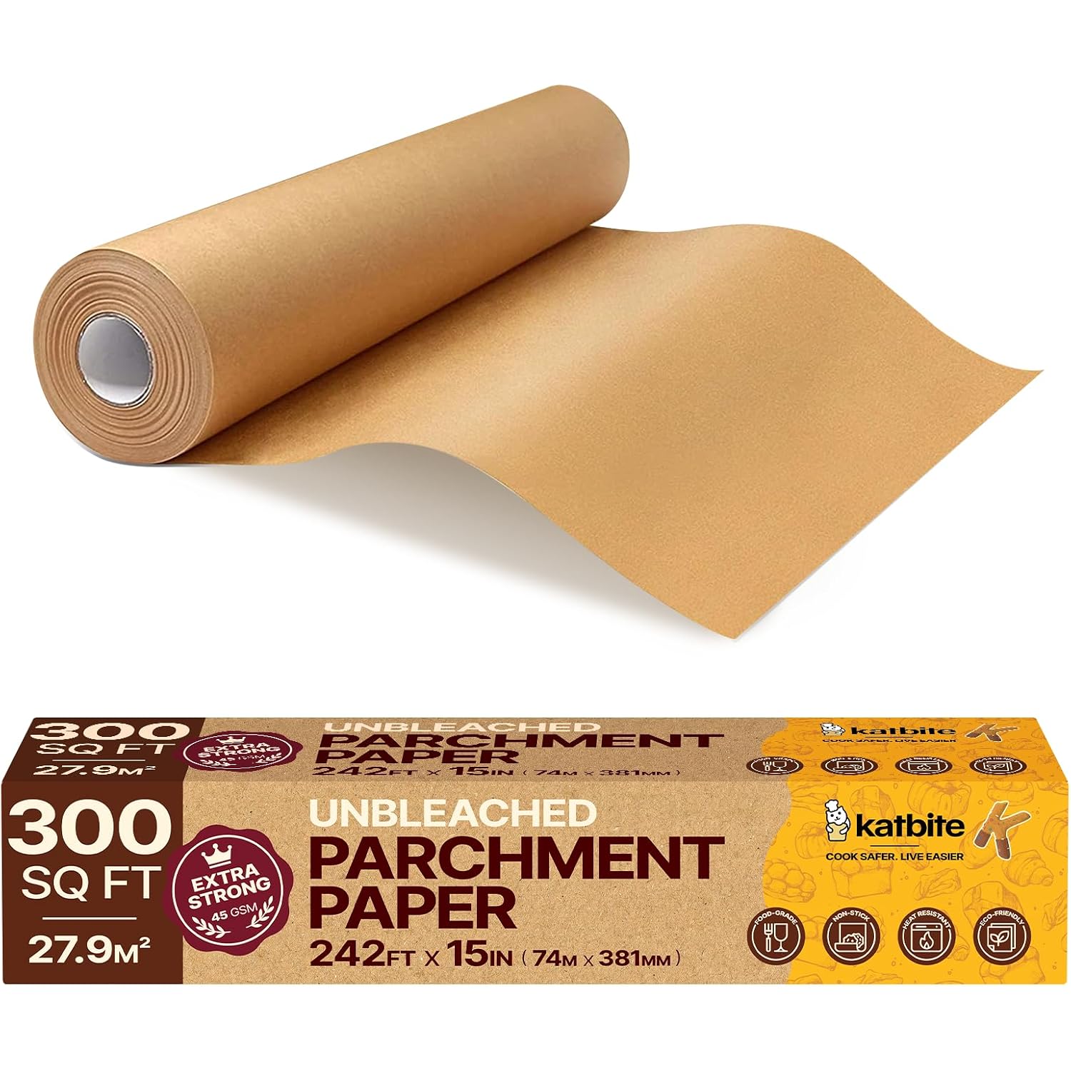 Katbite Unbleached Parchment Paper Roll, 15In X 242Ft, 300 Sq.Ft, Non-Stick With Serrated Cutter For Baking, Cooking, Air Fryer