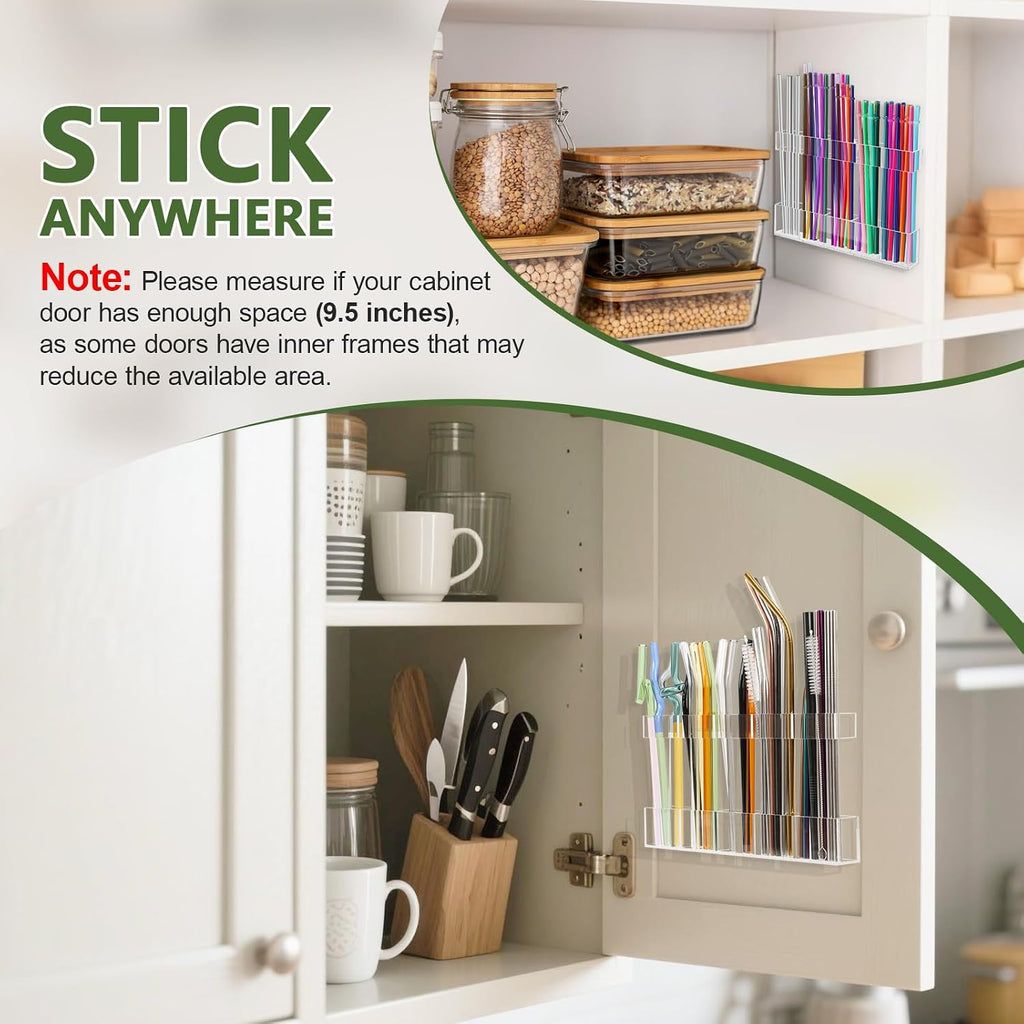 Malldii 9.5" Large Acrylic Straw Holder For Cabinet Door - Reusable Tumbler Straw Organizer Storage, Small Kitchen Accessories Container, Ultra Sticky Cupboard Door Mounted (Transparent)