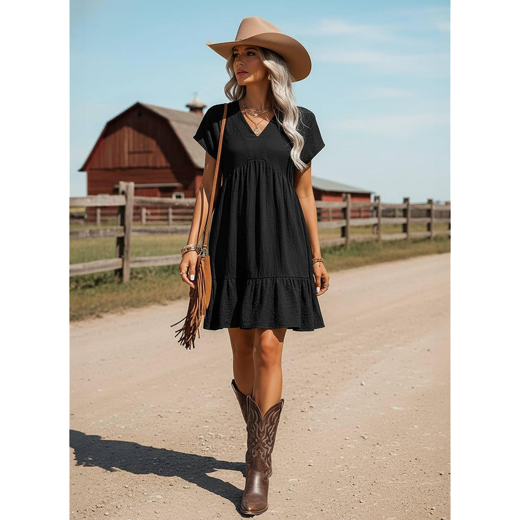 Acelitt Women'S Summer Dresses 2026 Beach Casual Deep V Neck Loose Sundress Short Sleeve Mini Dress With Pockets(Size Down)