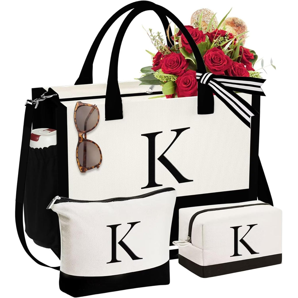 YOOLIFE Gifts for Women - Initial Canvas Tote Bag & Makeup Bag, Birthday Gifts for Women Mom Sister Friends