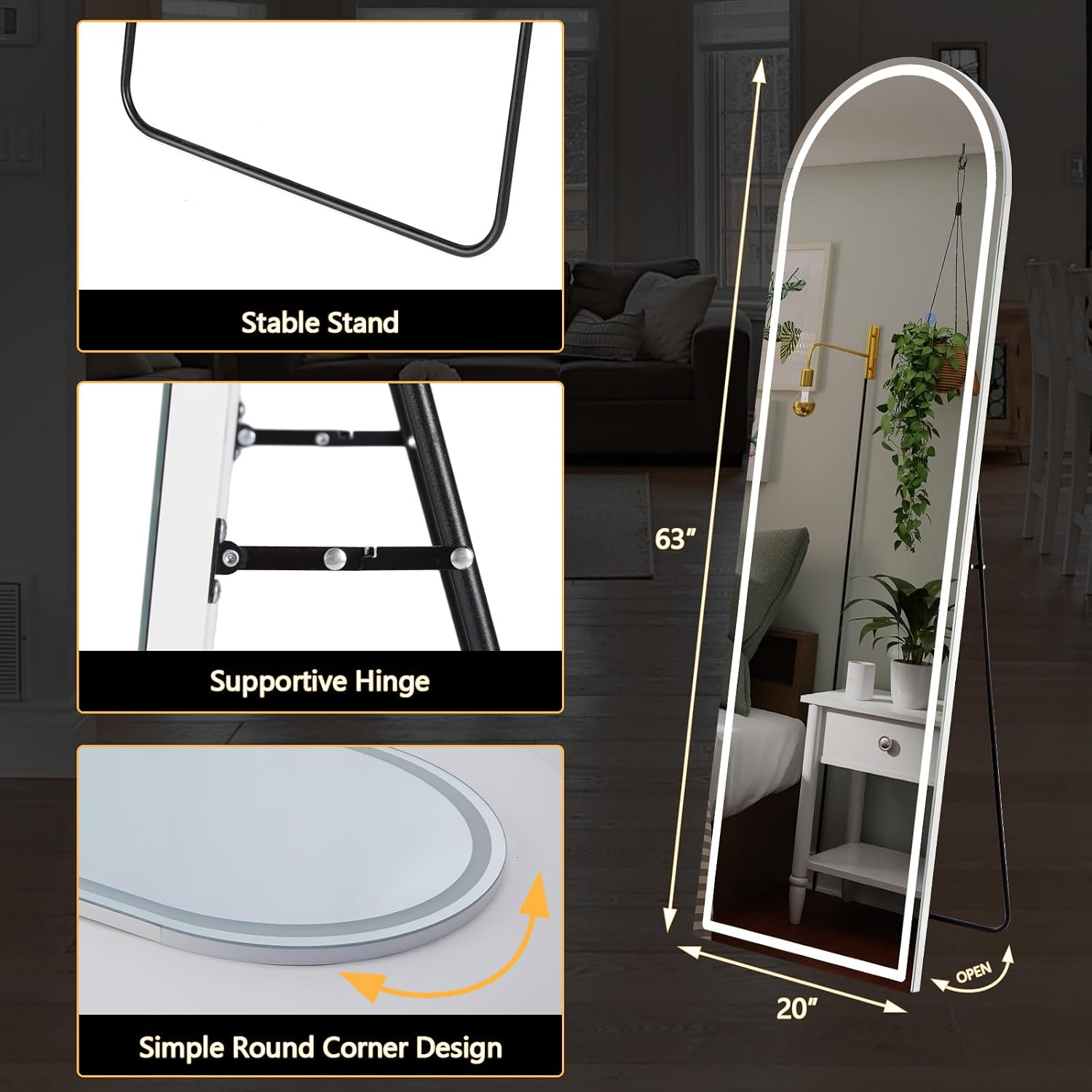 Dumos Arched Full Length Mirror Lighted, 20"X63" Led Floor Standing Mirror | Led Lights 3 Color Lighting And Shatterproof Tempered Glass, Wall Hanging Or Leaning, Floor Standing, Modern Home Decor
