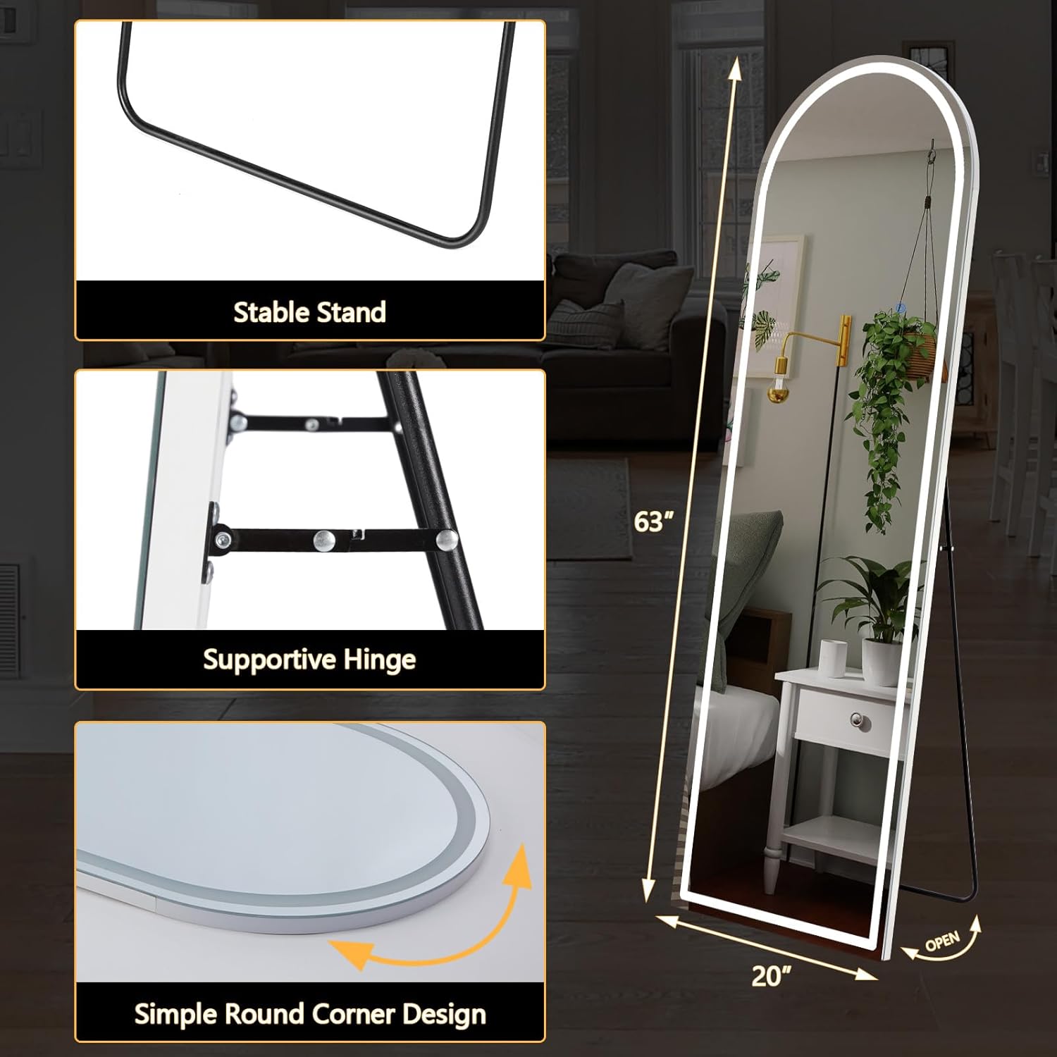 DUMOS Arched Full Length Mirror with Light - 20"×63" LED Floor Standing Mirror with 3 Color Lights & Wall Mounted for Bedroom, Dressing Room, Living Room, Bathroom