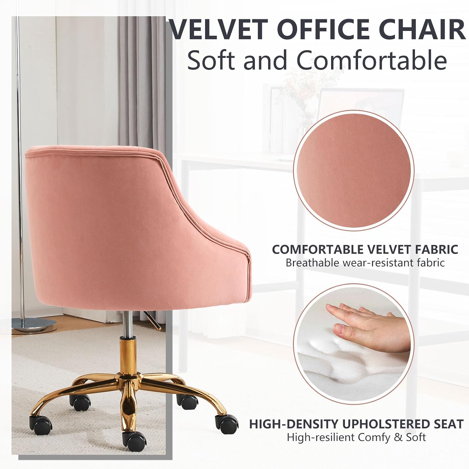 Mojay Velvet Home Office Desk Chair, Vanity Chair With Wheels Pretty Fancy Gold 360°Swivel Height Adjustable Office Chairs For Girls Home Offices, Bedrooms, Living Room (Pink)
