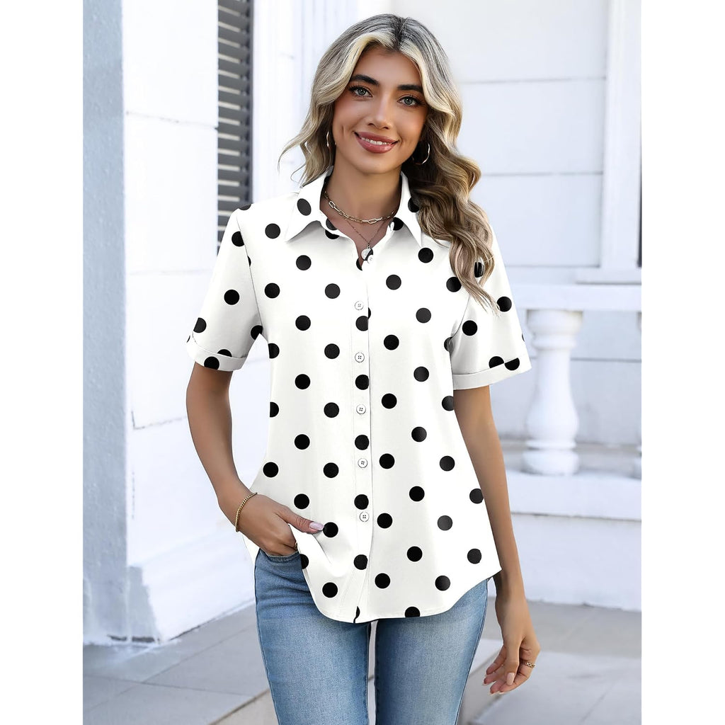 Zeagoo Button Down Shirts For Women Short Sleeve Collared Tops Dressy Casual V Neck Blouses