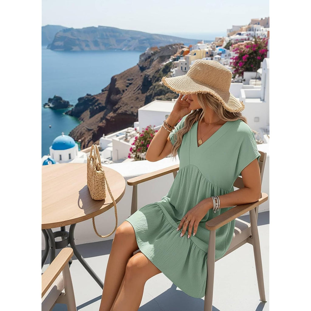 Acelitt Women'S Summer Dresses 2026 Beach Casual Deep V Neck Loose Sundress Short Sleeve Mini Dress With Pockets(Size Down)
