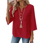 Lomon 3/4 Length Sleeve Womens Tops Cotton Linen Shirts V Neck Loose Fit Casual Blouses Early Fall Fashion Clothes