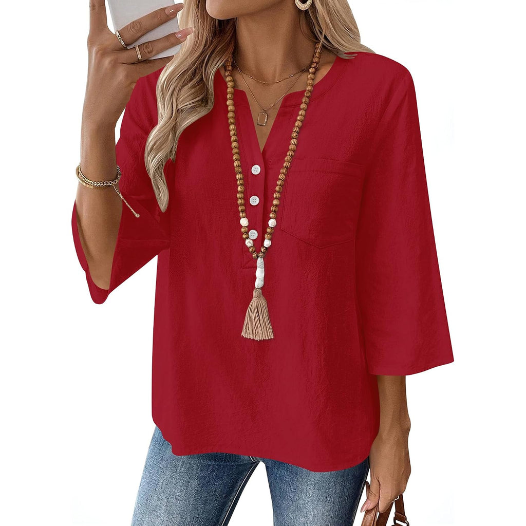 Lomon 3/4 Length Sleeve Womens Tops Cotton Linen Shirts V Neck Loose Fit Casual Blouses Early Fall Fashion Clothes