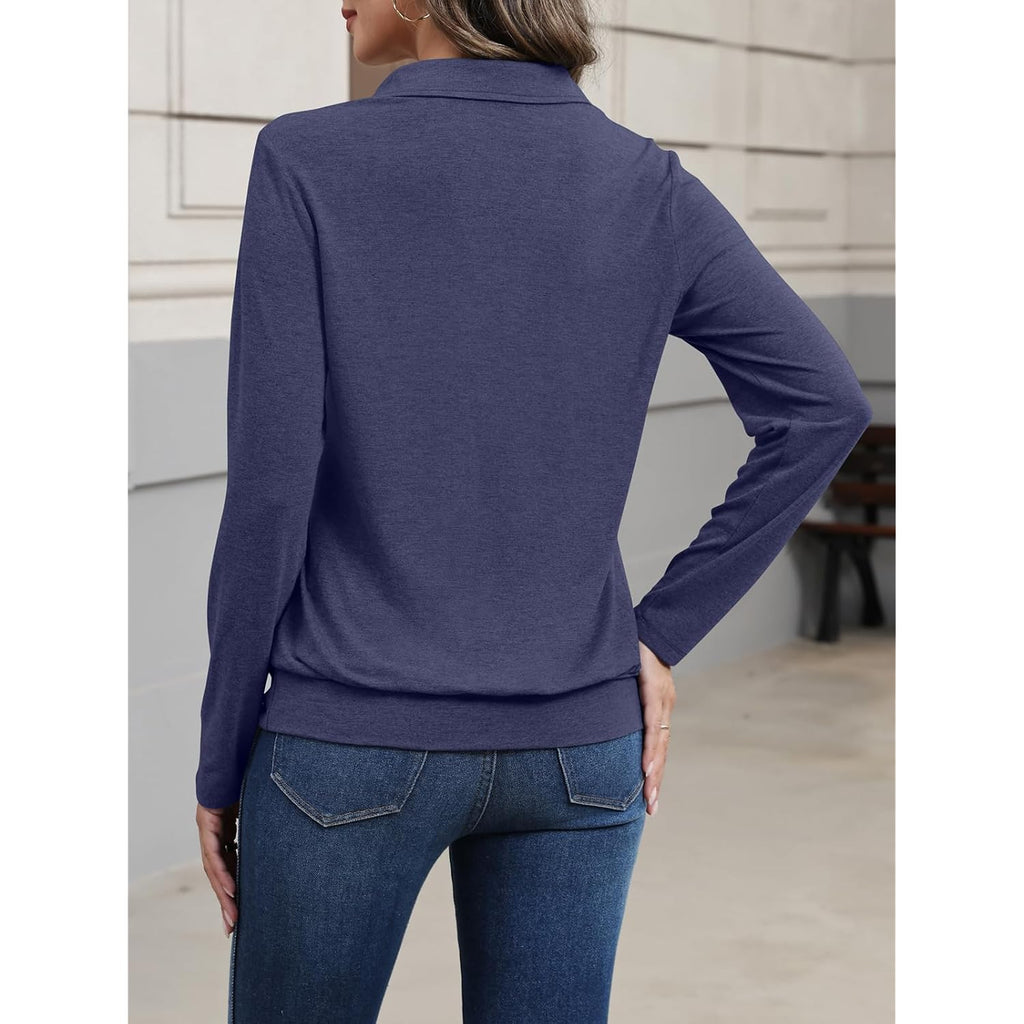 Ticticmiss Womens Polo Shirts Long Sleeve Banded Bottom Tops Business Casual Tops Collared V Neck Blouses