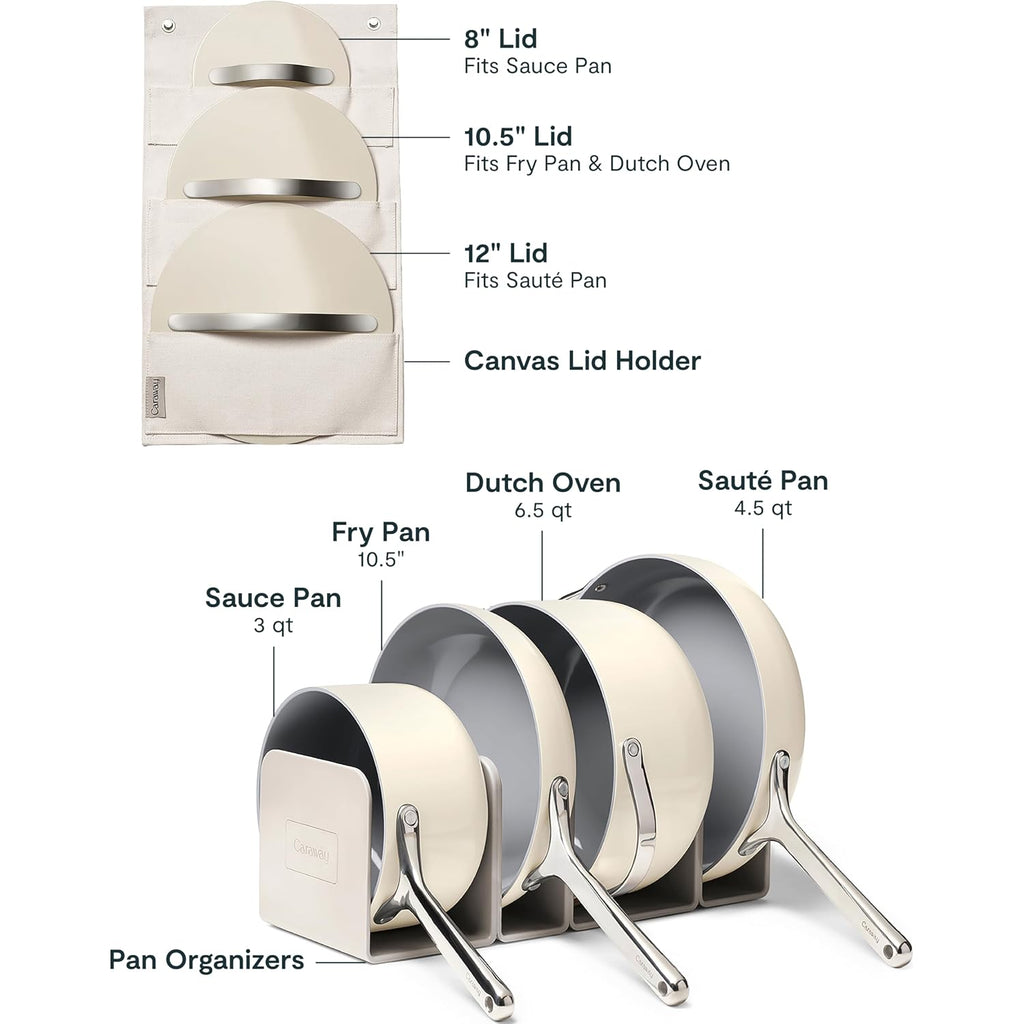 Caraway Non-Stick Ceramic Cookware Set (12 Piece) Pots, Pans, Lids And Kitchen Storage - Pfas & Pfoa Free - Oven Safe Pan Set & Compatible With All Stovetops - Cream
