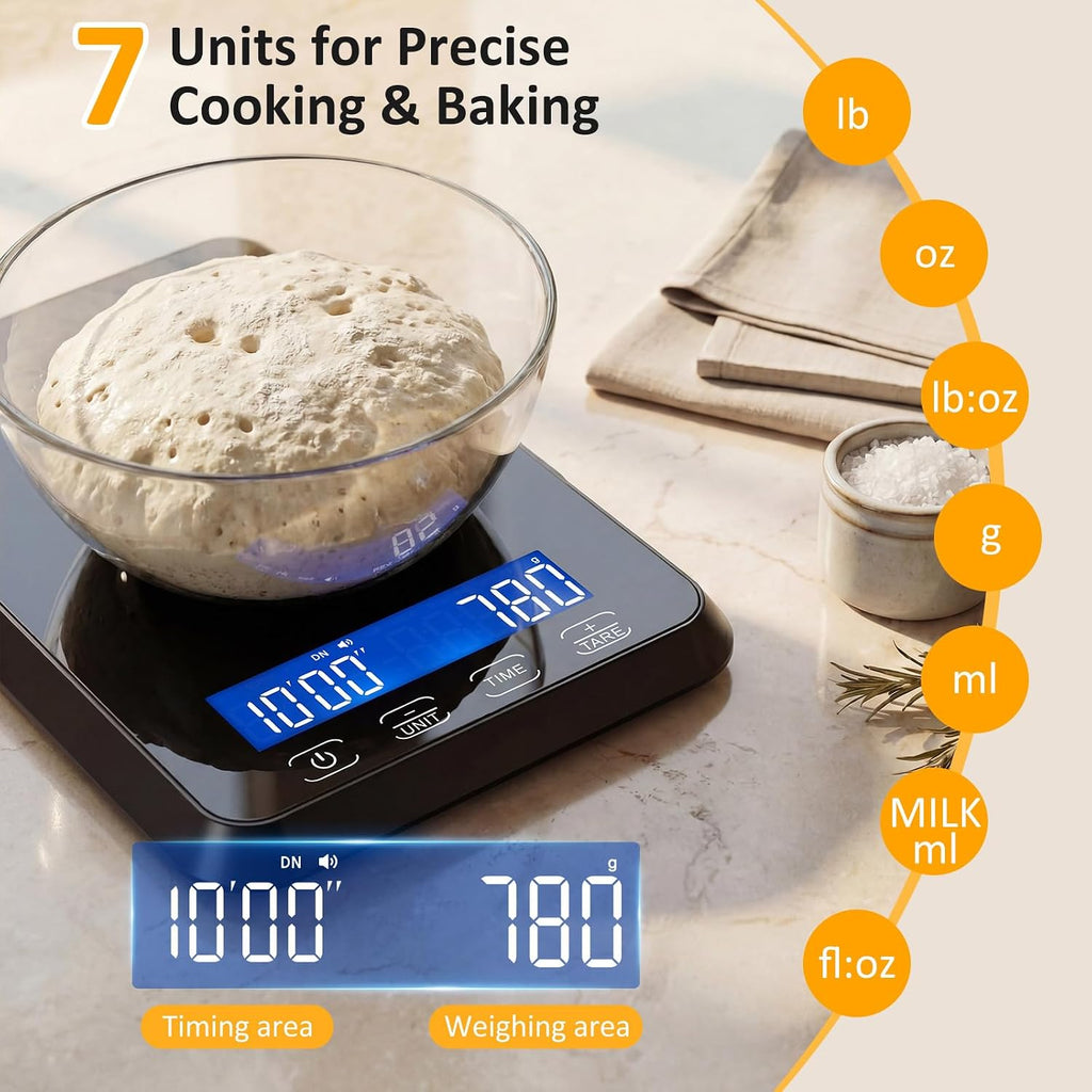 Letron Food Scale, 33 Lb / 0.1 Oz High Precision Kitchen Scale For Sourdough Bread, Built-In 7 Units, Timing & Tare Function, Rechargeable Digital Kitchen Scale For Food, Baking, Cooking