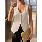 Tankaneo Womens Scoop Neck Blazer Vest Summer Sleeveless Fitted Waistcoat | Work Casual, Cotton Suit Tops, Business Casual Outfits, Button Down, Trendy