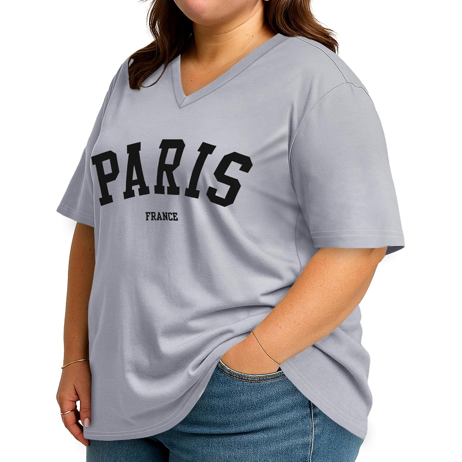 rosemia Plus Size Tops for Women Oversized Casual Tops V Neck Short Sleeves Basic Tees 2026 Gray Paris