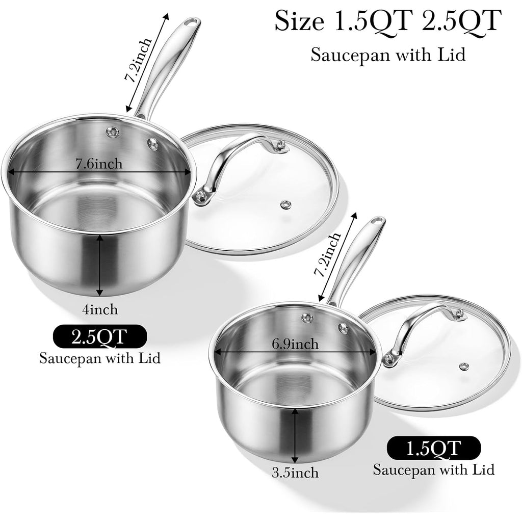 Tri-Ply Stainless Steel Pot - 1.5 Qt & 2.5 Qt Heavy Duty Sauce Pan With Lid, Nonstick Stainless Steel Cookware Set Cooking Pot, Multipurpose Saucepan With Stay Cool Handle