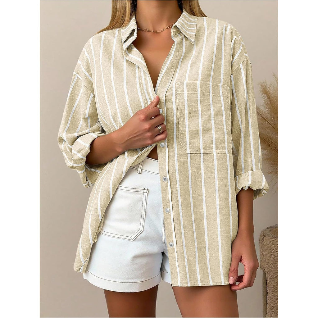Oversized Button Down Shirts for Women Linen Shirt Long Sleeve Collared Blouses with Pocket Beach Vacation Outfit 2026