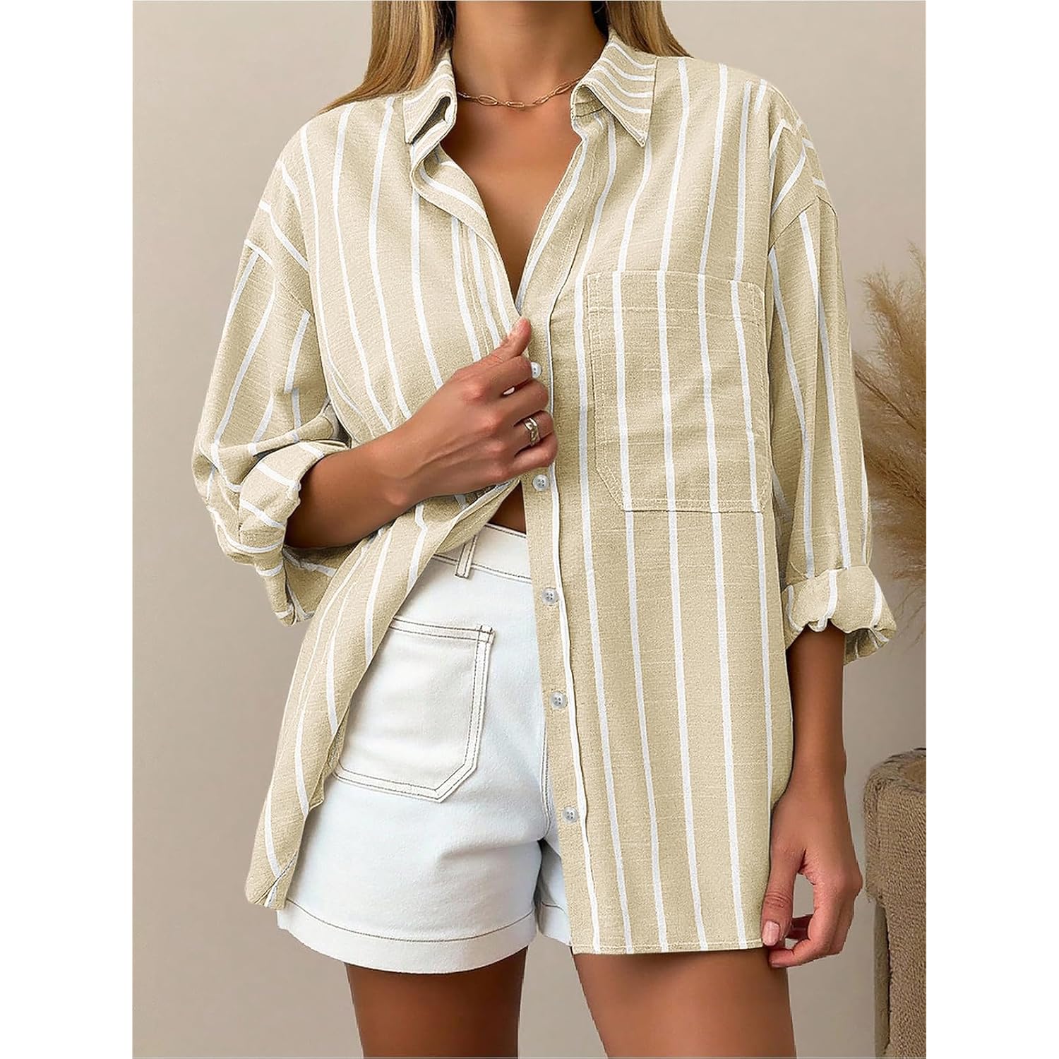 Oversized Button Down Shirts for Women Linen Shirt Long Sleeve Collared Blouses with Pocket Beach Vacation Outfit 2026