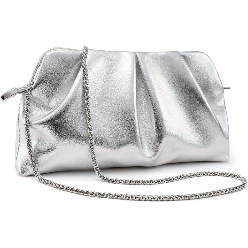 Women Clutch Bag Dressy Formal Handbag Pleated Pu Clutch Purse Detachable Chain