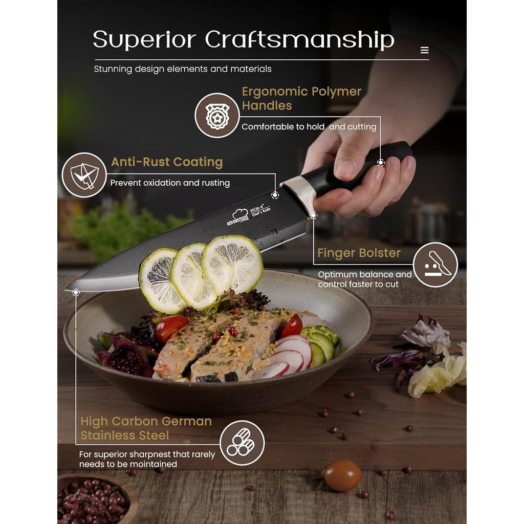 Amorston Knife Set, 15 Pieces Knives Set for Kitchen Knife Set with Block and Sharpener, Dishwasher Safe Knife Block Set German Stainless Steel Kitchen Knife Sets for Apartment New Home Housewarming