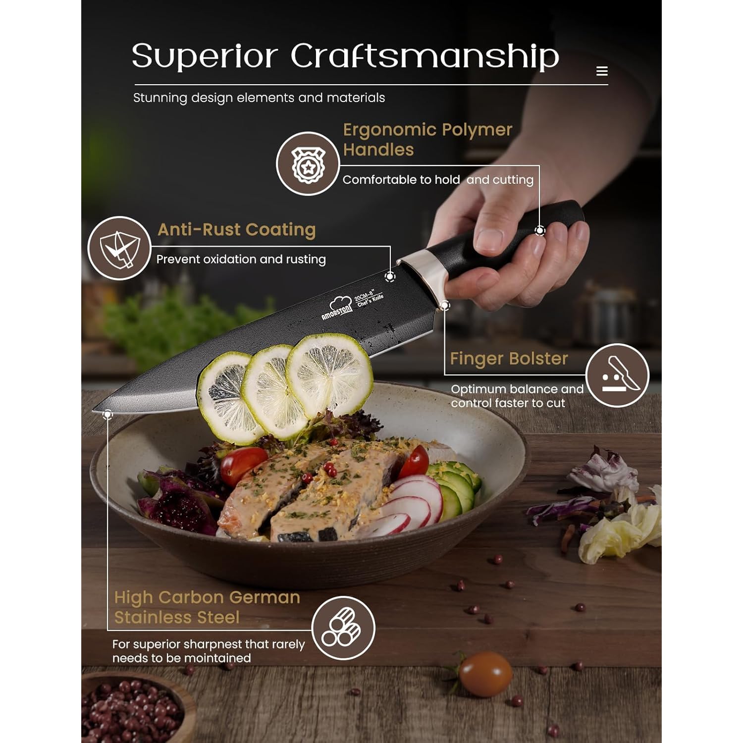 Amorston Knife Set, 15 Pieces Knives Set for Kitchen Knife Set with Block and Sharpener, Dishwasher Safe Knife Block Set German Stainless Steel Kitchen Knife Sets for Apartment New Home Housewarming