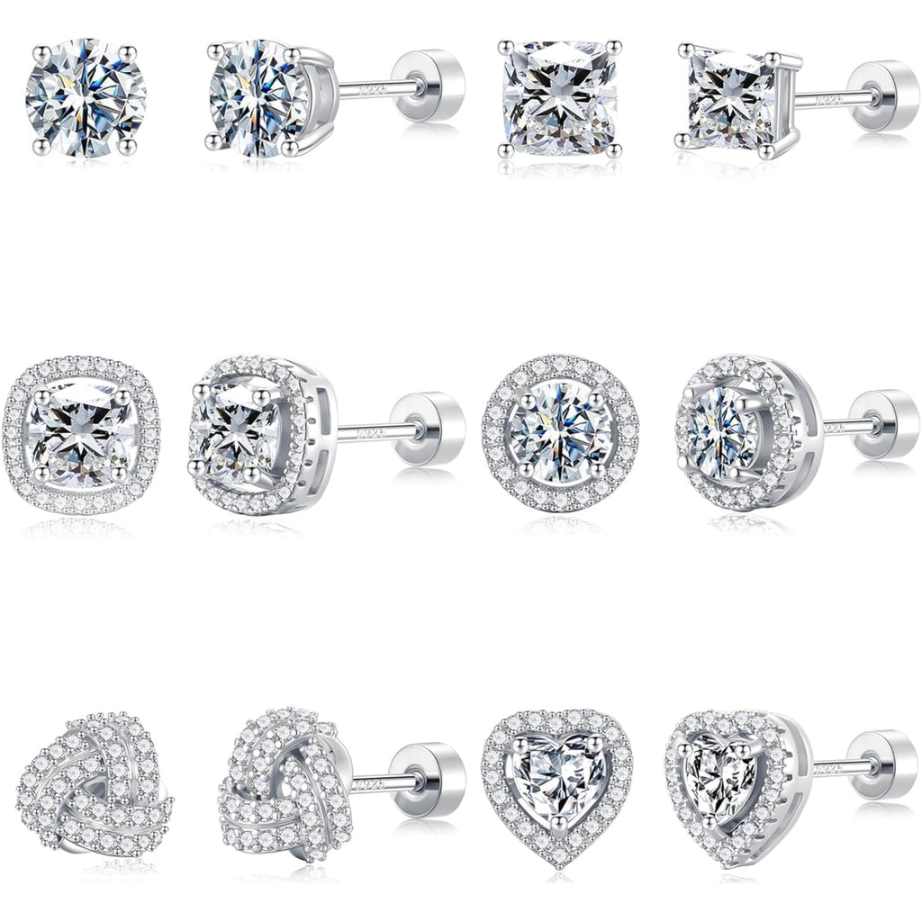 M MOOHAM 6 Pairs Hypoallergenic Flat Back Stud Earrings Set for Women - 14k Gold Plated Silver Studs CZ Earrings for Women Men Trendy Non Tarnish Earring Stack for Sensitive Ears Jewelry Gifts
