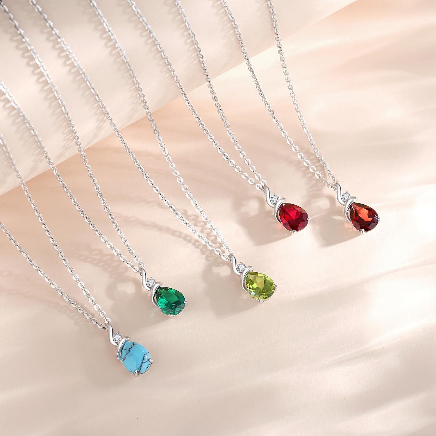 FANCIME 14K Solid White Gold Birthstone Pendant Necklace for Women with Diamond Pear Shaped Teardrop Necklace Birthday Gifts for Mom Women Sterling Silver Chain 16" + 2" Extender