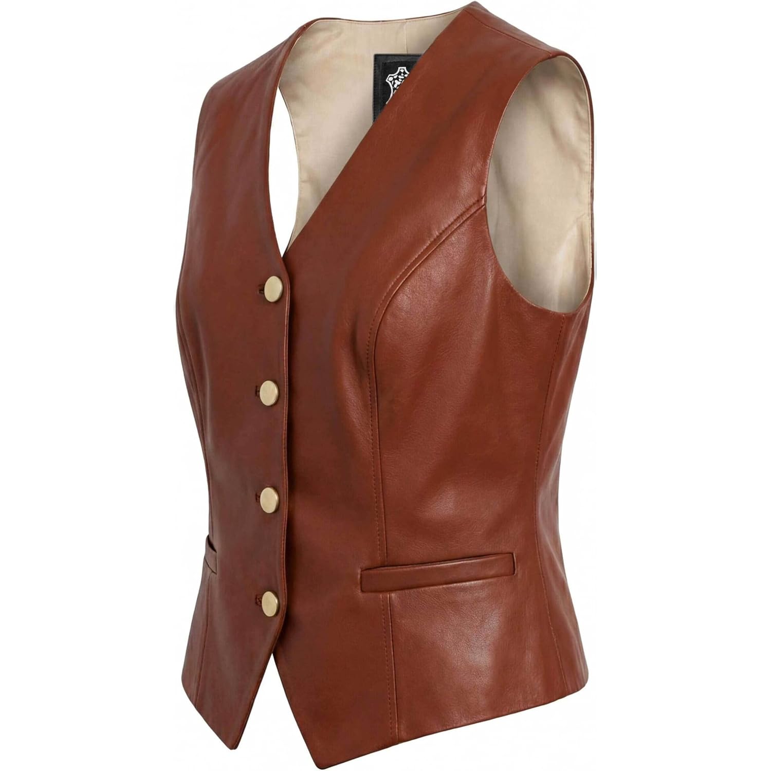 Women'S Leather Vest - Gold Button V-Neck Style Sleeveless Real Leather Waistcoat Women