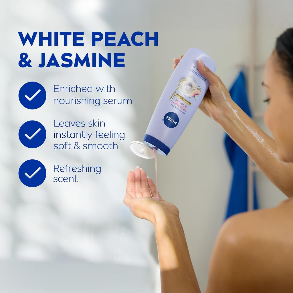 Nivea Refreshing White Peach And Jasmine Body Wash With Nourishing Serum, Scented Body Wash For Women, Enriched With Provitamin B5 And Vitamin E, 20 Fl Oz Bottle