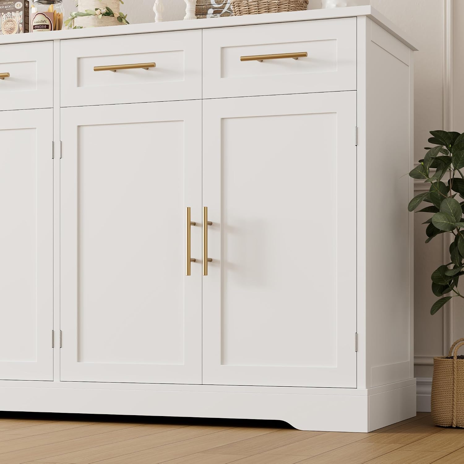 Hostack 60" W Sideboard Buffet Cabinet With Storage, Kitchen Cabinet, White | 36" Tall Kitchen Buffet Storage Cabinet With 4 Drawers, Large Coffee Bar Cabinet, Modern Buffet Table For Dining Living Room