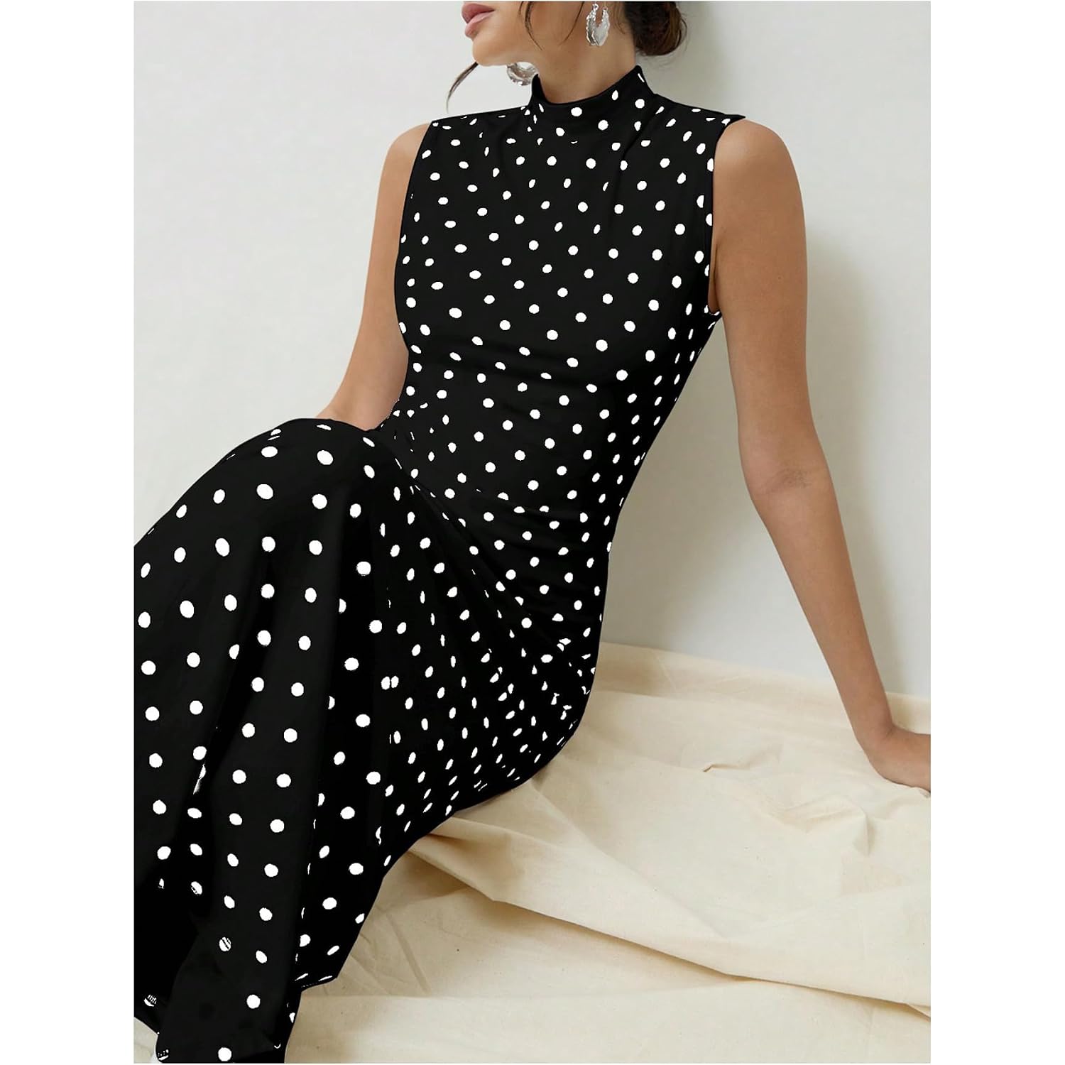Milumia Women'S Polka Dots Maxi Tank Dress Vintage Mock Neck Sleeveless Elegant Long Dresses