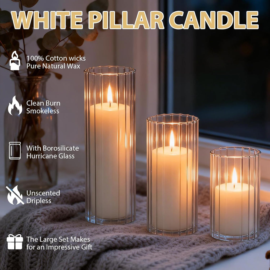 6 PCS White Pillar Candles (2" x3, 4, 6) with Ribbed Glass Cylinder Vases (2.6" x5, 6, 8), Hurricane Glass Candle Holders, Dripless Candles for Wedding Centerpieces, Home & Table Decor