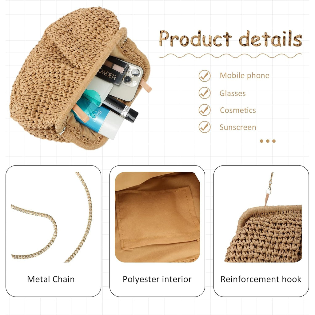 Emprier Straw Clutch Purses for Women Cloud Dumpling Pouch Straw Crossbody Shoulder Handbag Summer Beach Woven Bag