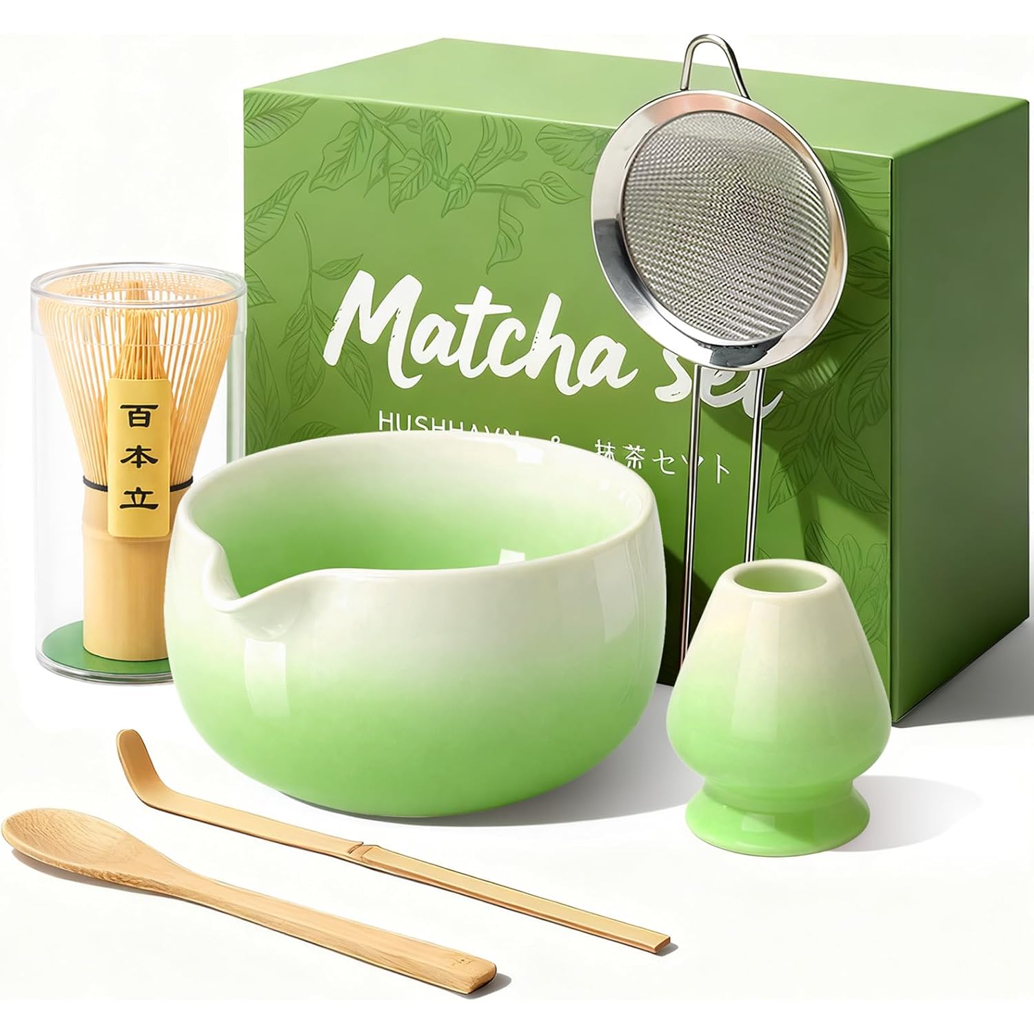 Matcha Whisk Set, Ceramic Matcha Set Includes Bowl & Holder, Bamboo Whisk (Chasen), Scoop, Spoon And Sifter, 6Pcs Matcha Kit Covers Everything Needed For Making Matcha (Green)