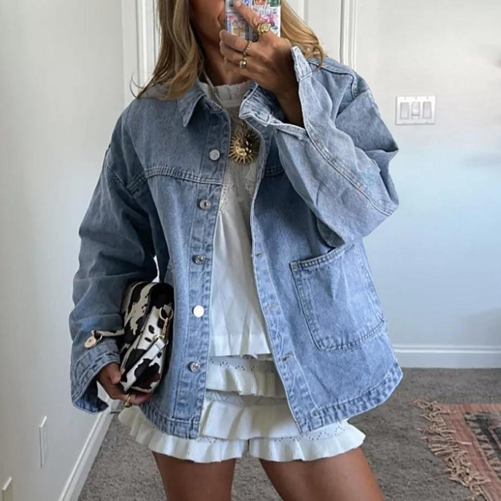 Jean Jackets For Women Trendy Button Up Denim Shirt Jacket Oversized Long Sleeve Coat Fashion Clothes With Pockets