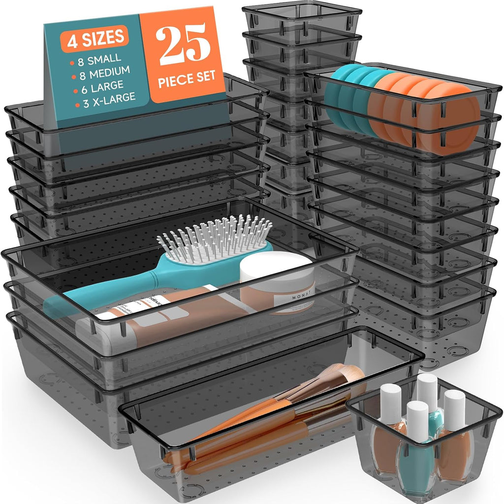Spacehacks 25 Pcs Plastic Drawer Organizer Set, 4-Size Versatile Organizer Tool Trays & Storage Bins For Makeup, Jewelry, And Gadgets In Bathroom, Bedroom And Office,Clear Black