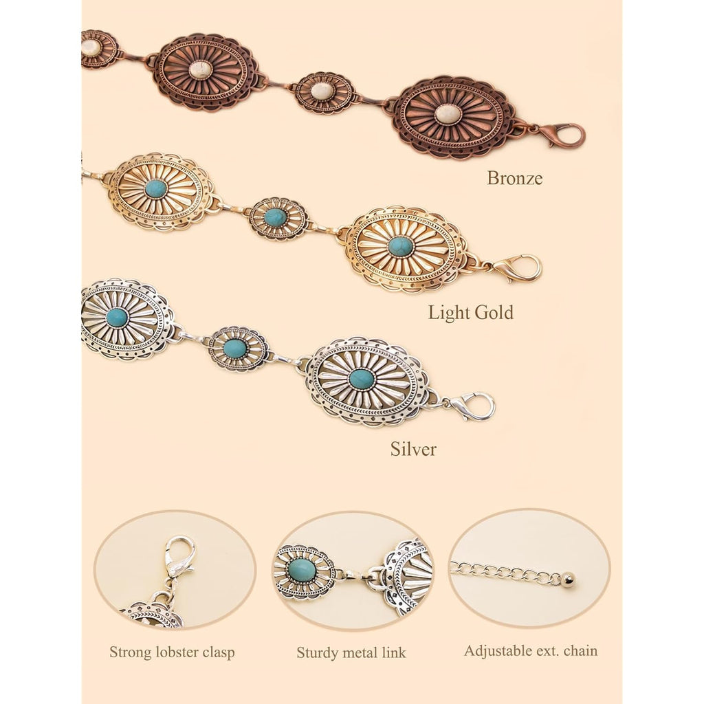 TOPACC Western Metal Concho Belt for Women Cowgirl Chain Belts for Dresses Jeans Country Concert Outfit