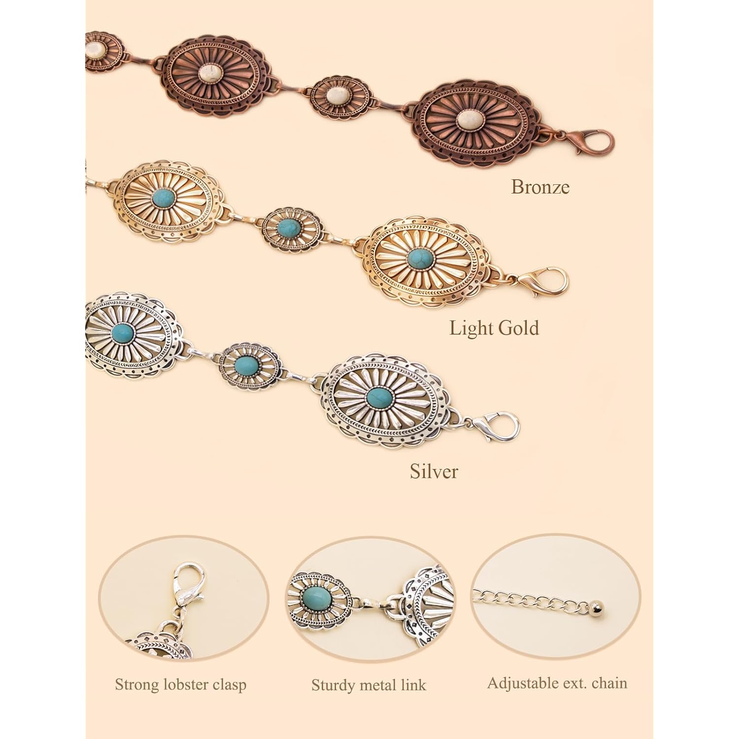 TOPACC Western Metal Concho Belt for Women Cowgirl Chain Belts for Dresses Jeans Country Concert Outfit