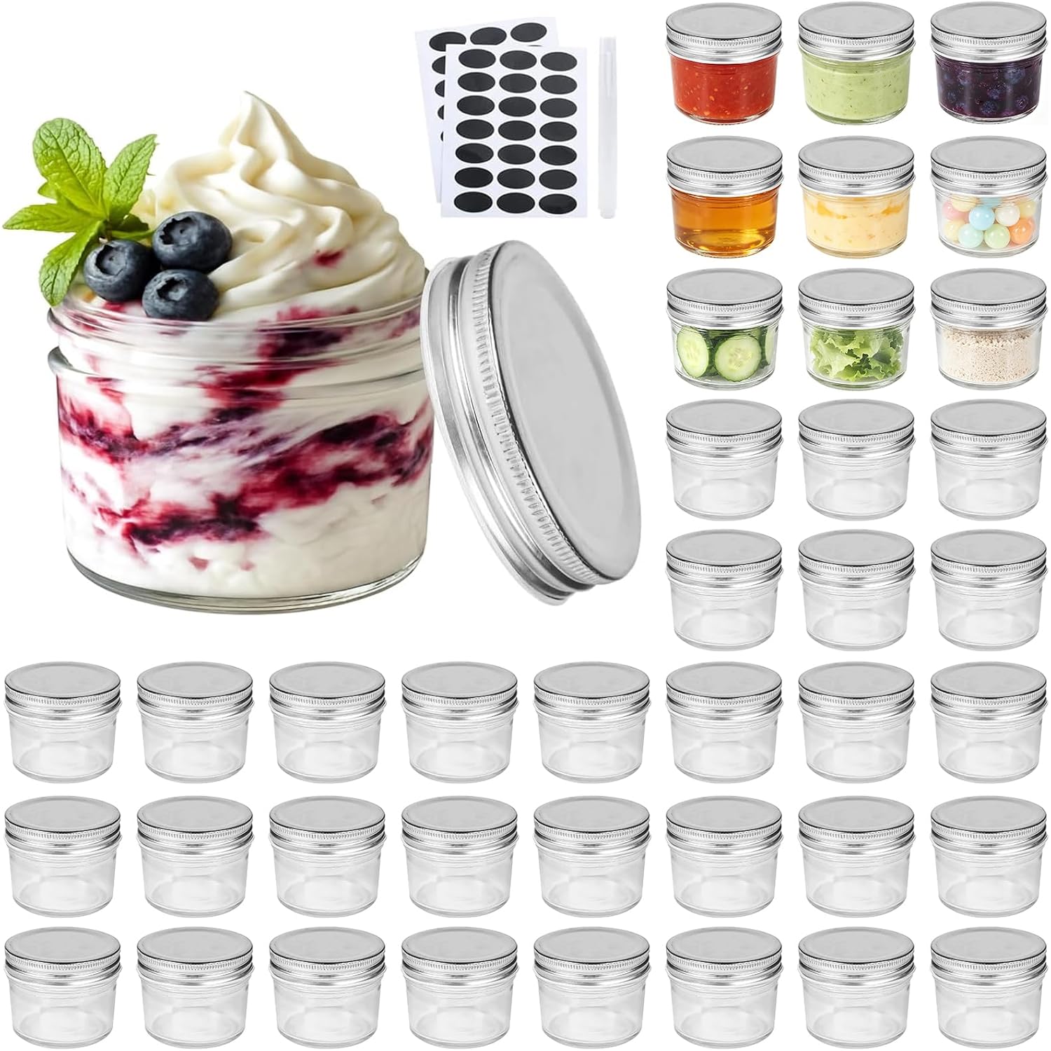 4Oz Small Glass Jars With Lids (Silver),Mini Mason Jars,Set Of 40 | Small Mason Jars,Ideal For Honey,Jam,Wedding Favor,Diy Magnetic Mini Spice Jars For Kitchen,Home Set Of 40