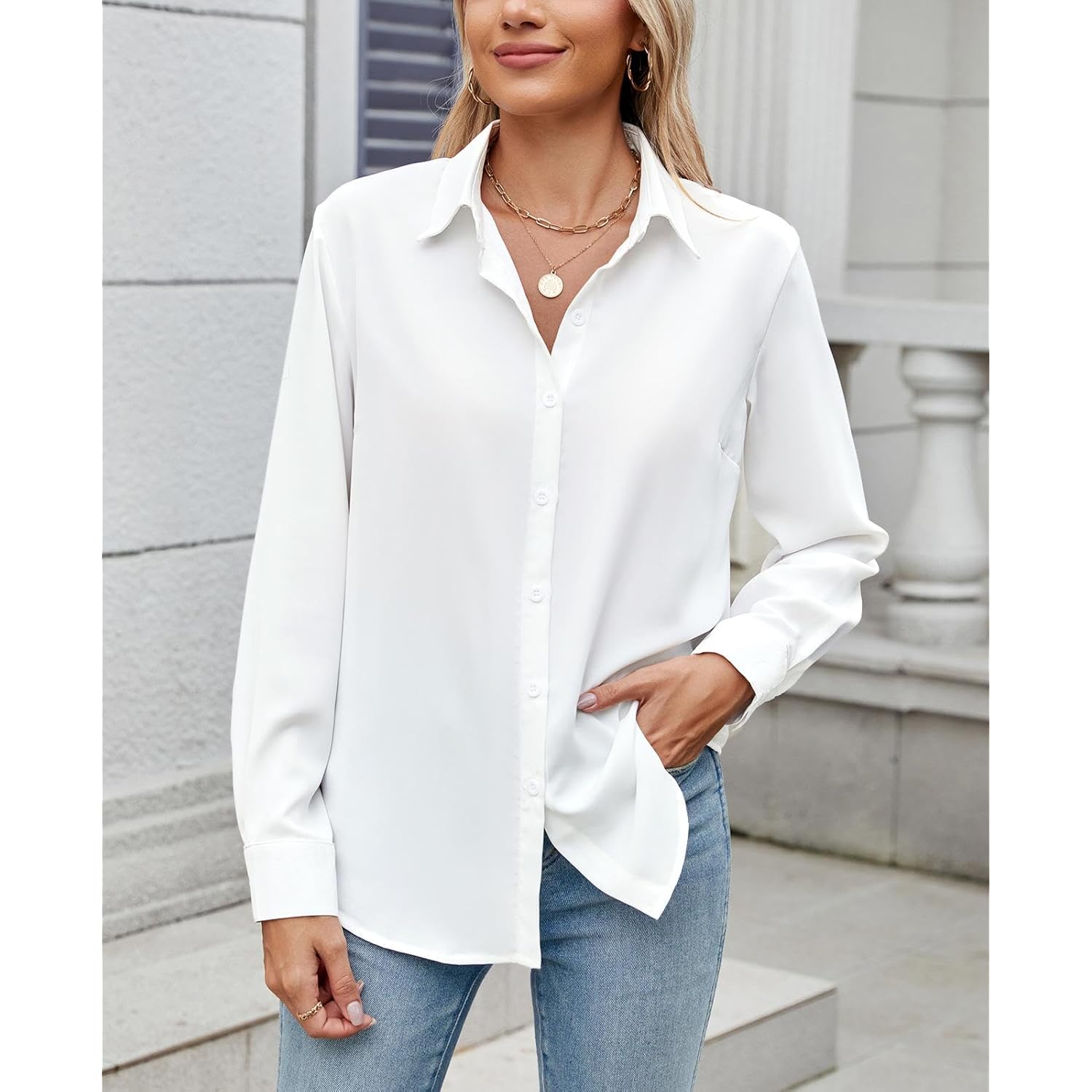 Womens Long Sleeve Button Down Shirt Ultra-Soft Stretch Wrinkle-Free Work Casual Business Office Blouse