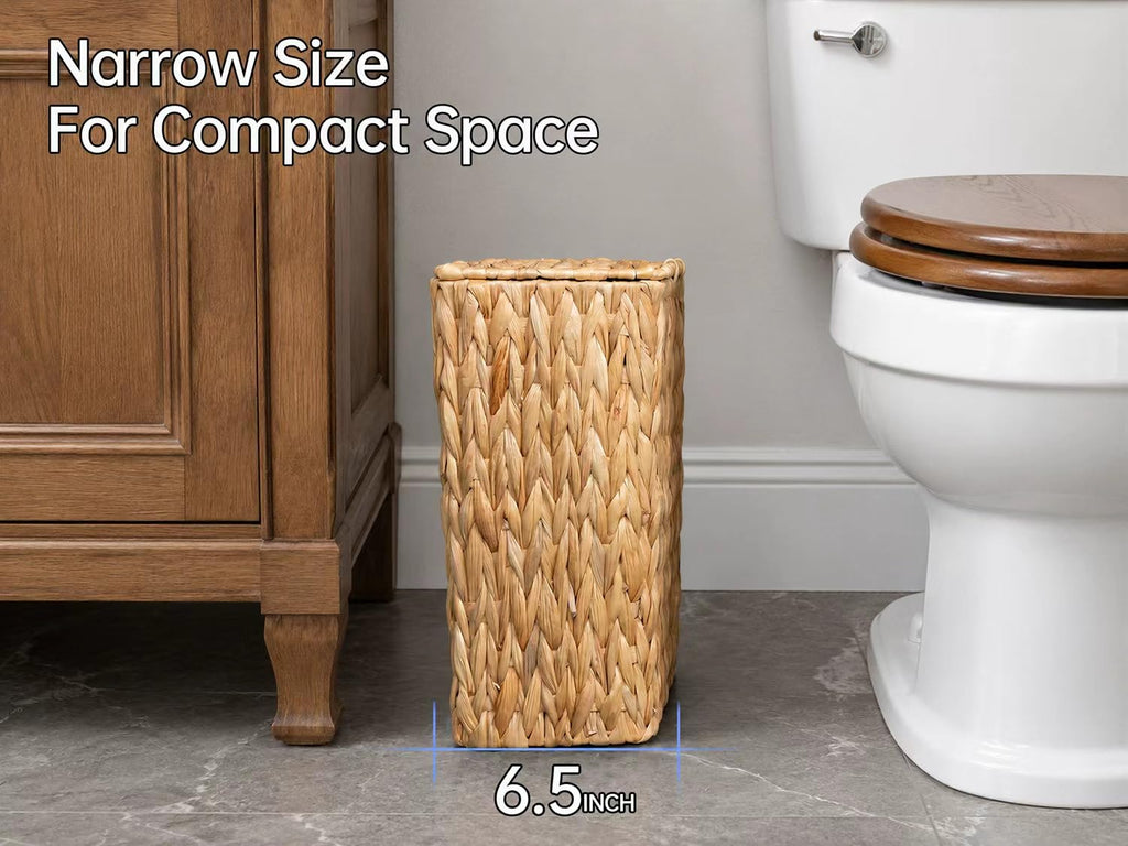 3 Gallon Wicker Trash Can,Small Bathroom Trash Can With Lid,Natural Water Hyacinth Wicker Waste Basket For Bedroom,Toilet,Narrow Garbage Can With Removable Liner