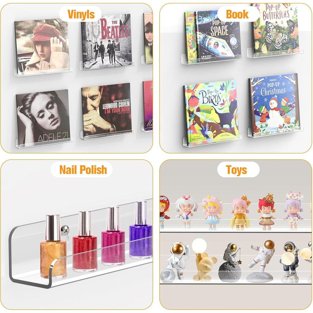 Vinyl Record Shelf Wall Mount, 6 Pack 12 Inch Clear Acrylic Album Record Holder Display, Kids Bookshelf, Floating Wall Shelves For Bathroom, Bedroom, Living Room, Kitchen (Clear-6Pcs)