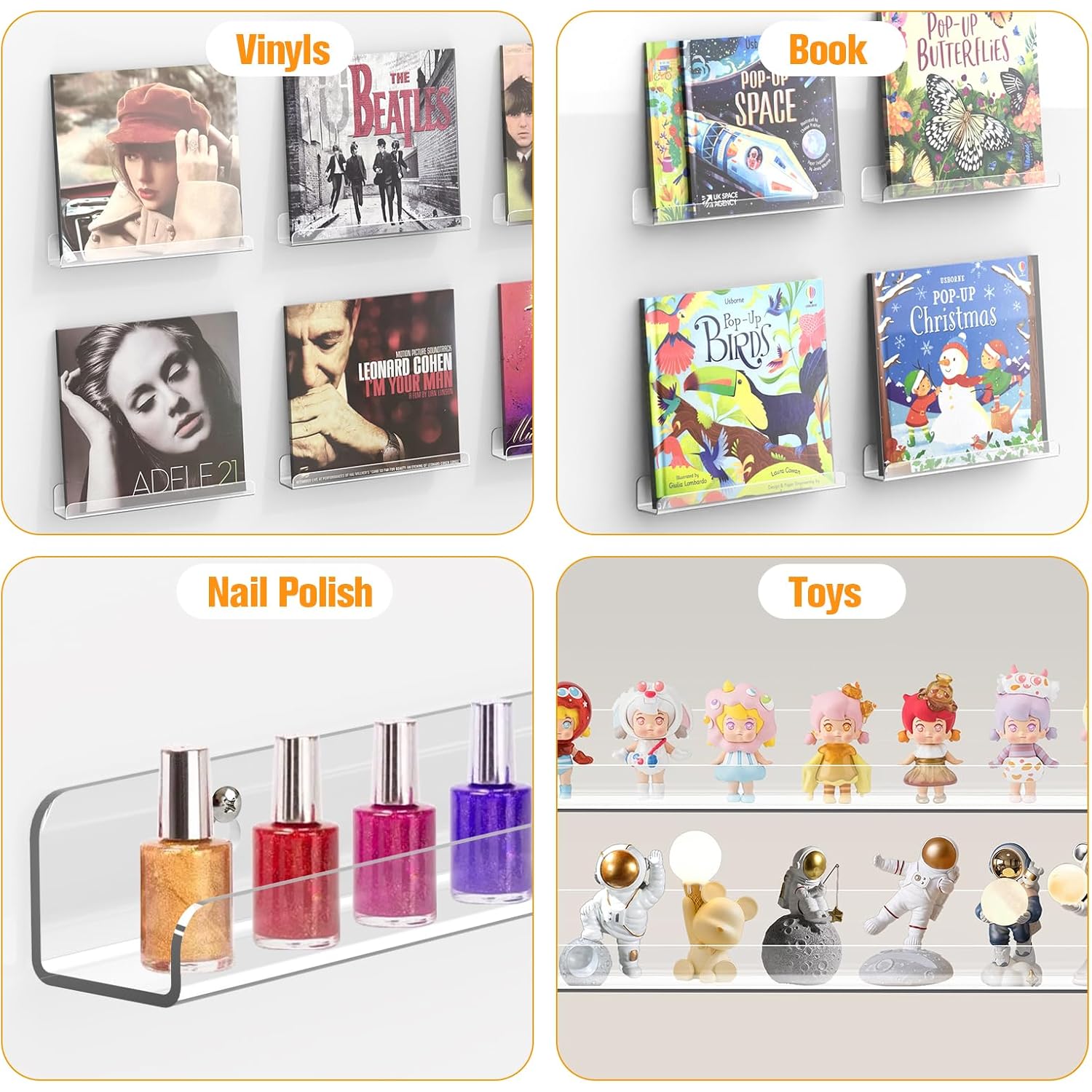 Vinyl Record Shelf Wall Mount, 6 Pack 12 Inch Clear Acrylic Album Record Holder Display, Kids Bookshelf, Floating Wall Shelves For Bathroom, Bedroom, Living Room, Kitchen (Clear-6Pcs)
