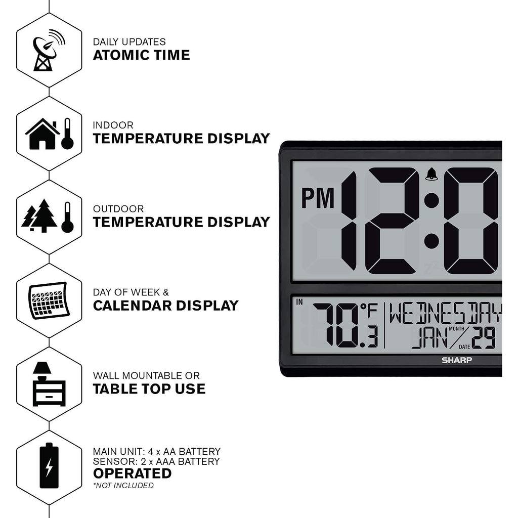 Sharp Atomic Clock - Never Needs Setting! –Easy To Read Numbers - Indoor/Outdoor Temperature, Wireless Outdoor Sensor - Battery Powered - Easy Set-Up (4" Numbers)