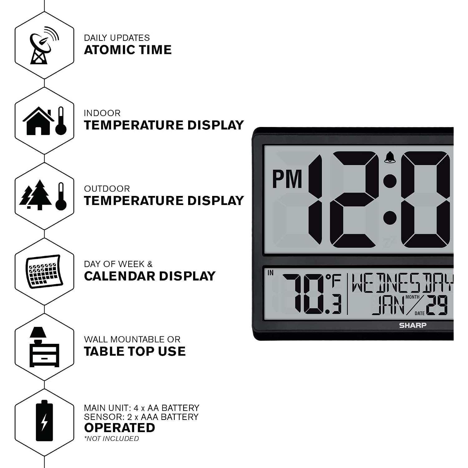 Sharp Atomic Clock - Never Needs Setting! –Easy To Read Numbers - Indoor/Outdoor Temperature, Wireless Outdoor Sensor - Battery Powered - Easy Set-Up (4" Numbers)