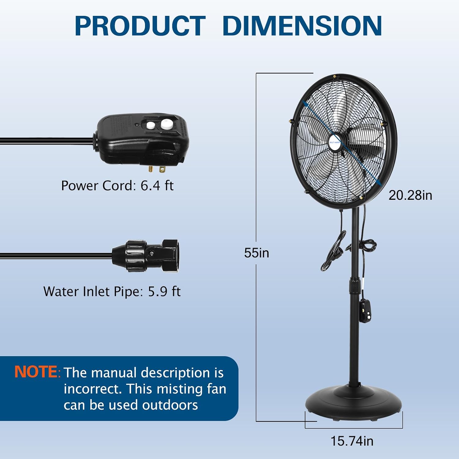 Bilt Hard 18" Oscillating High-Velocity Outdoor Pedestal Misting Fan, 3-Speed Patio Fans For Outside, Adjustable Height, 120° Oscillation, Waterproof, Industrial Fan For Outdoor- Ul Listed Black