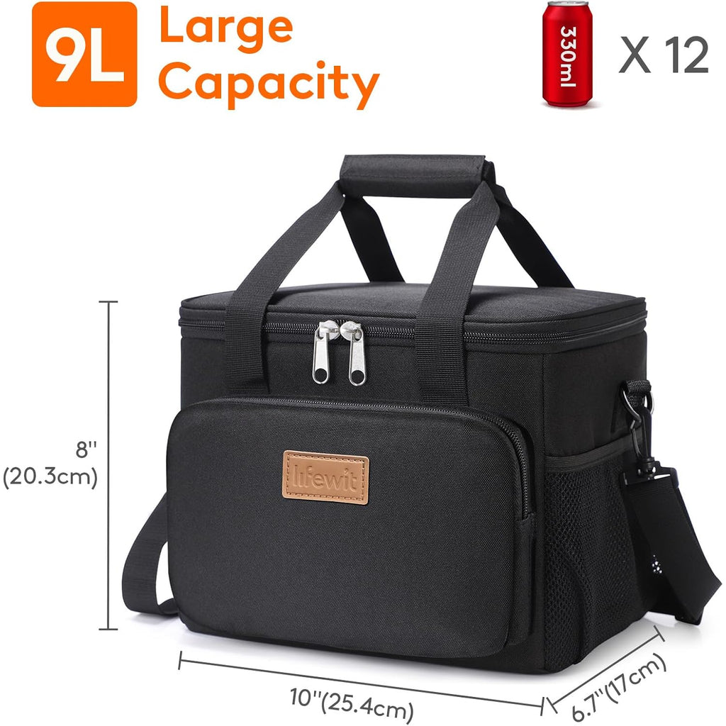 Lifewit Medium Lunch Bag, Insulated Lunch Box, Soft Cooler Cooling Tote for Adult Men Women, Black 12-Can (9L)