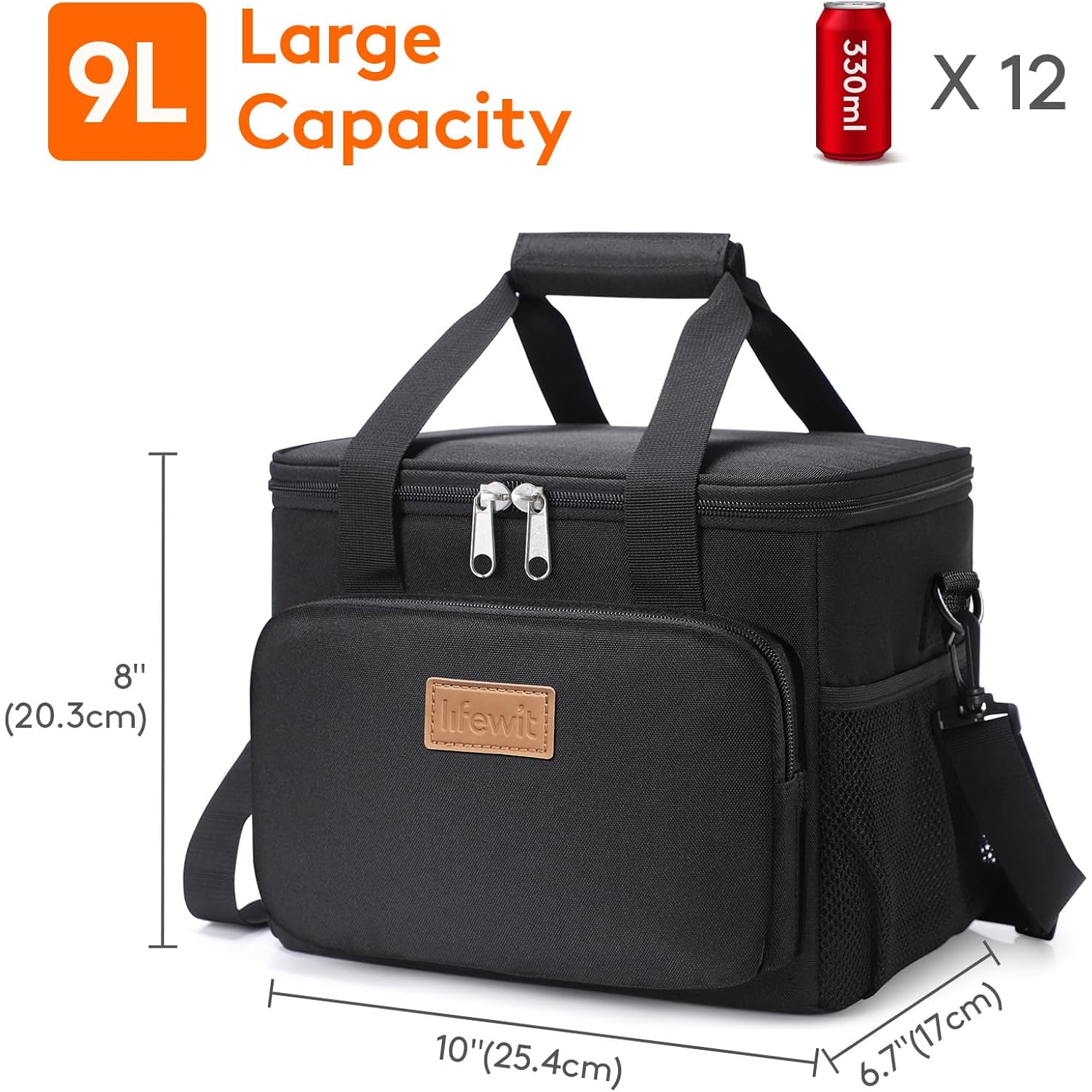 Lifewit Medium Lunch Bag, Insulated Lunch Box, Soft Cooler Cooling Tote for Adult Men Women, Black 12-Can (9L)