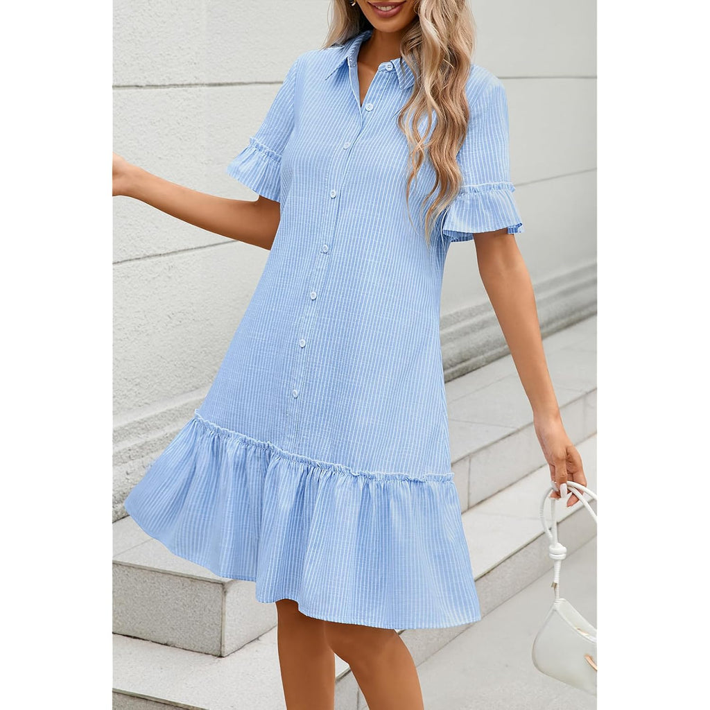 Merokeety Women'S 2026 Summer Casual Shirt Dress Button Down Ruffle Sleeve Shift Mini Dresses With Pockets