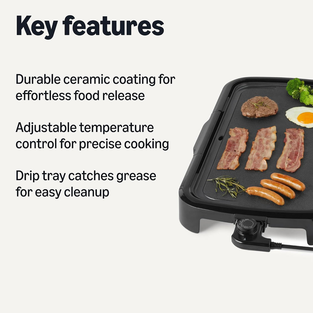 Amazon Basics Electric Griddle With Nonstick Ceramic Coating, Adjustable Temperature, Detachable Dishwasher Safe Plate, Drip Tray, 10 X 20 Inches, Black