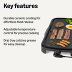 Amazon Basics Electric Griddle With Nonstick Ceramic Coating, Adjustable Temperature, Detachable Dishwasher Safe Plate, Drip Tray, 10 X 20 Inches, Black